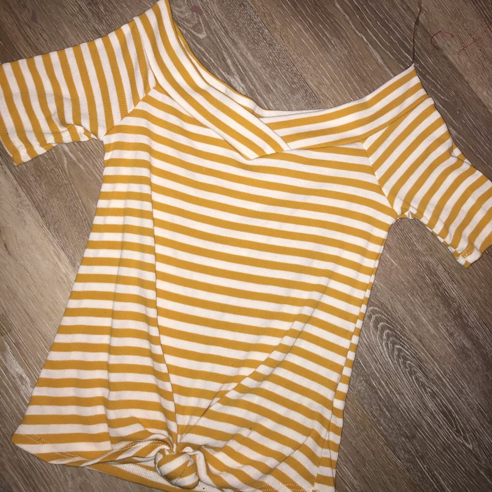 Yellow and white striped off the shoulder shirt